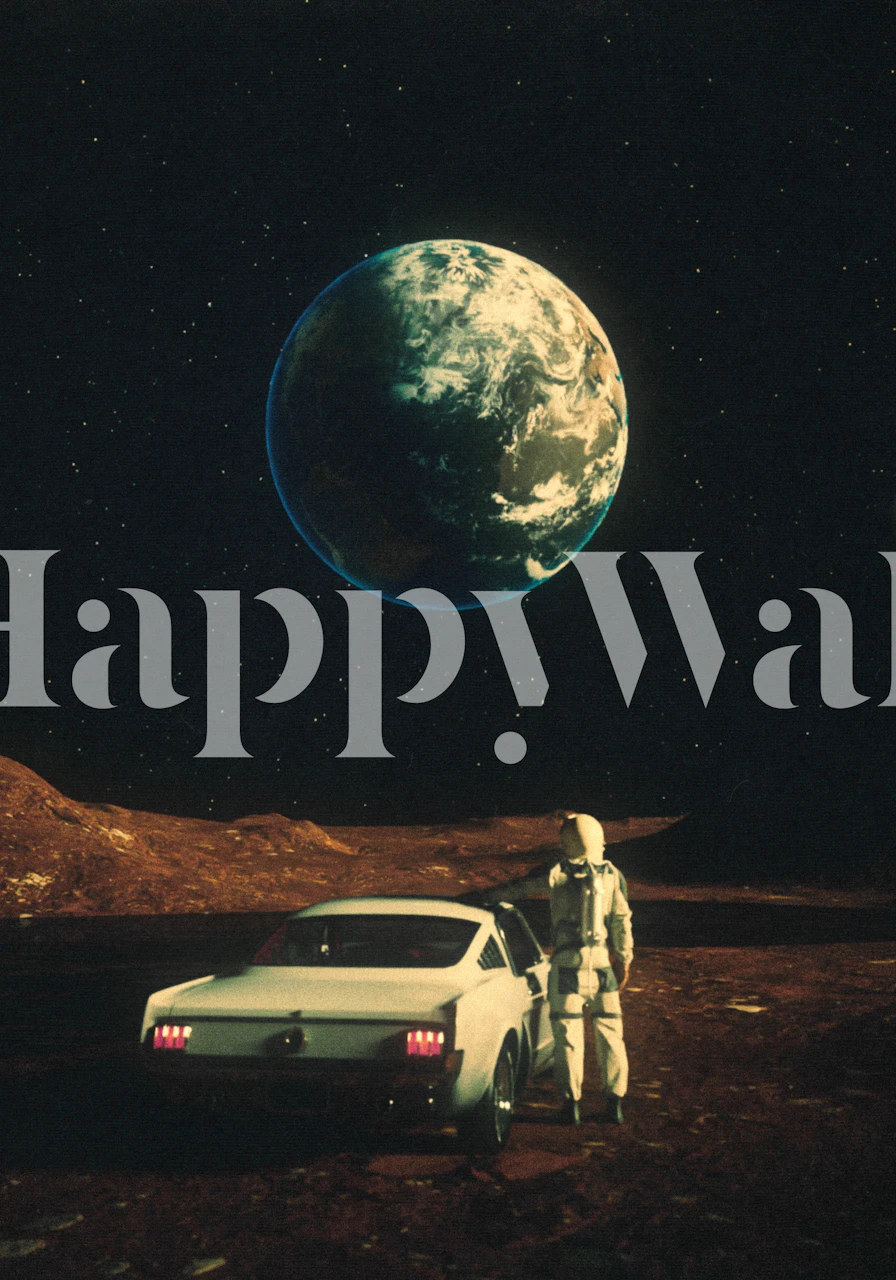 Astronaut standing by a car on a lunar landscape with Earth above, cosmic wallpaper