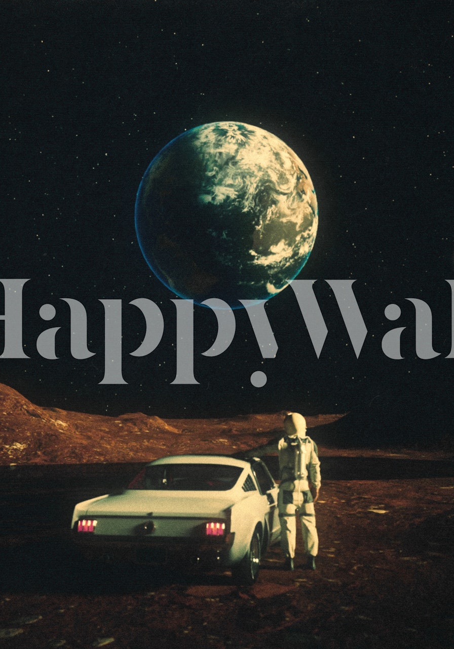 Astronaut standing by a car on a lunar landscape with Earth above, cosmic wallpaper