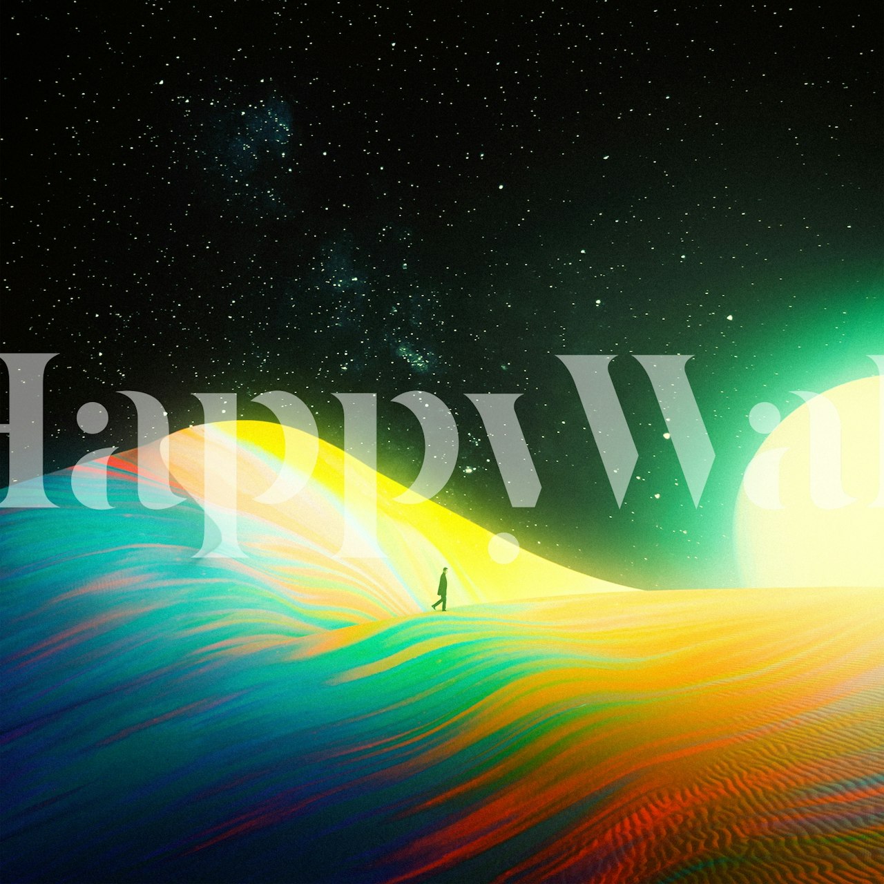 Colorful abstract landscape with rainbow waves and bright sun wallpaper