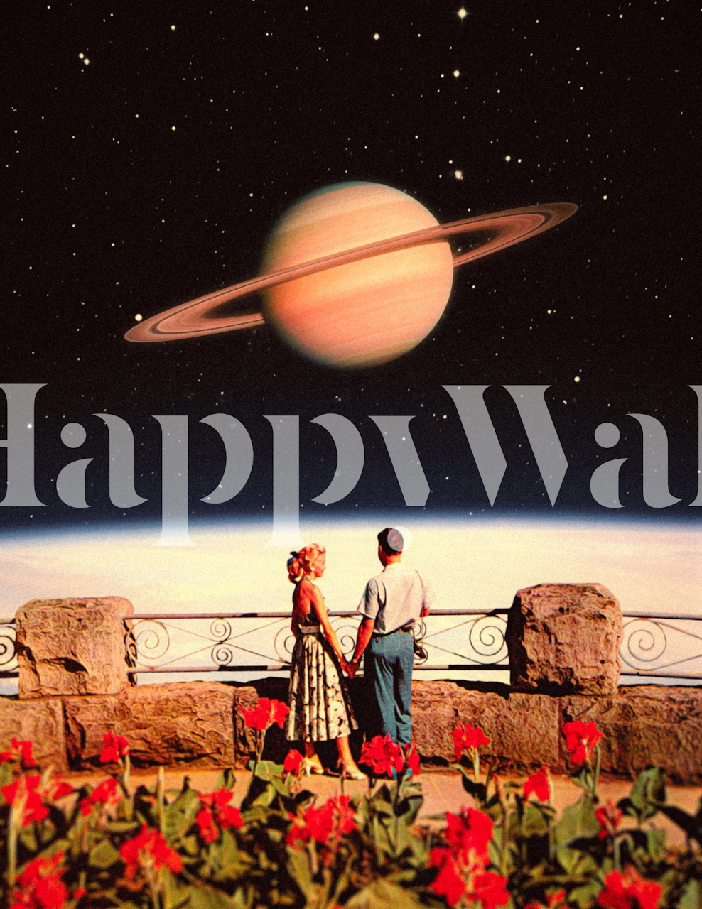 Coppia in piedi sotto uno sfondo celestiale