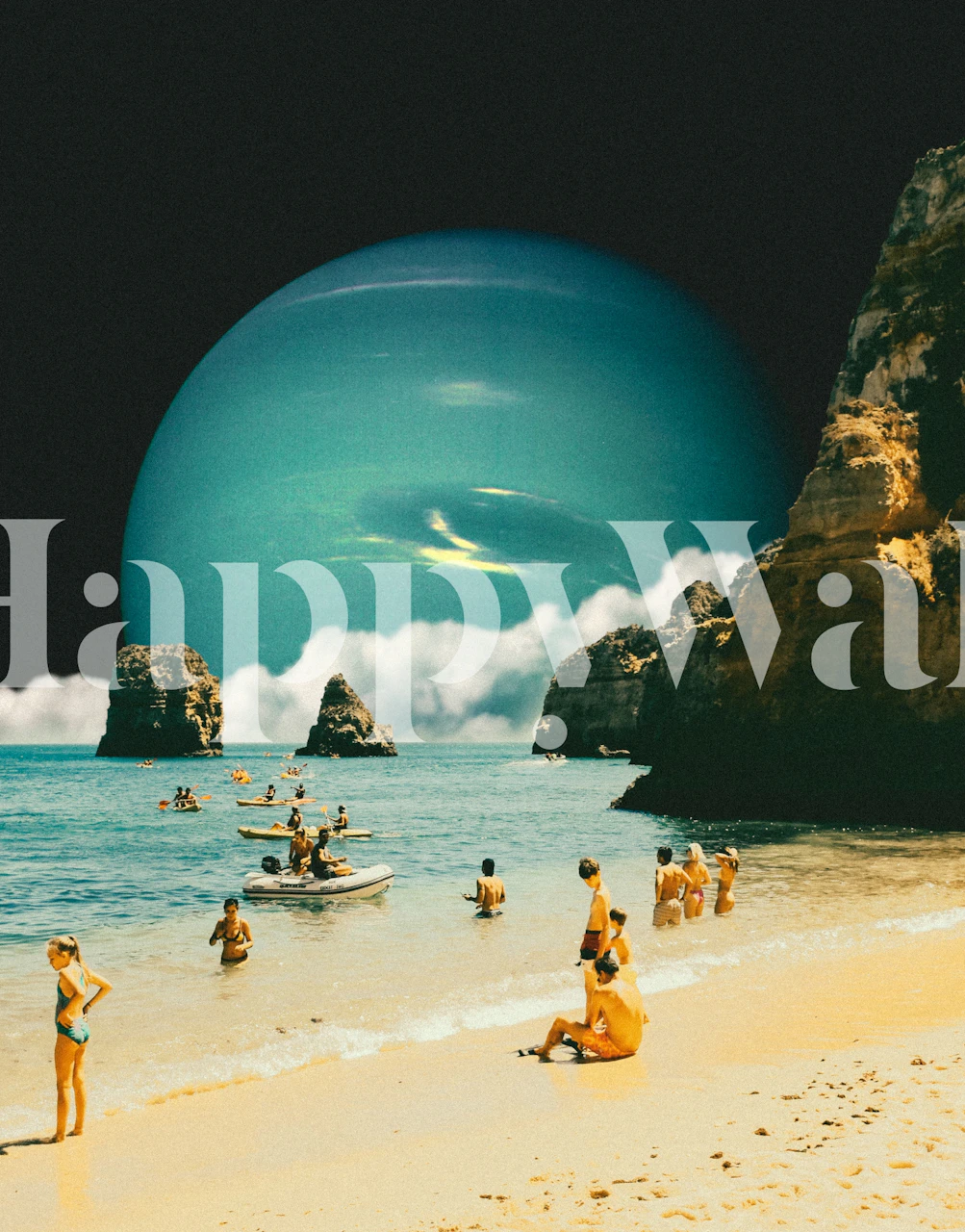 Celestial beach scene with vibrant blue sky and sandy beach wallpaper