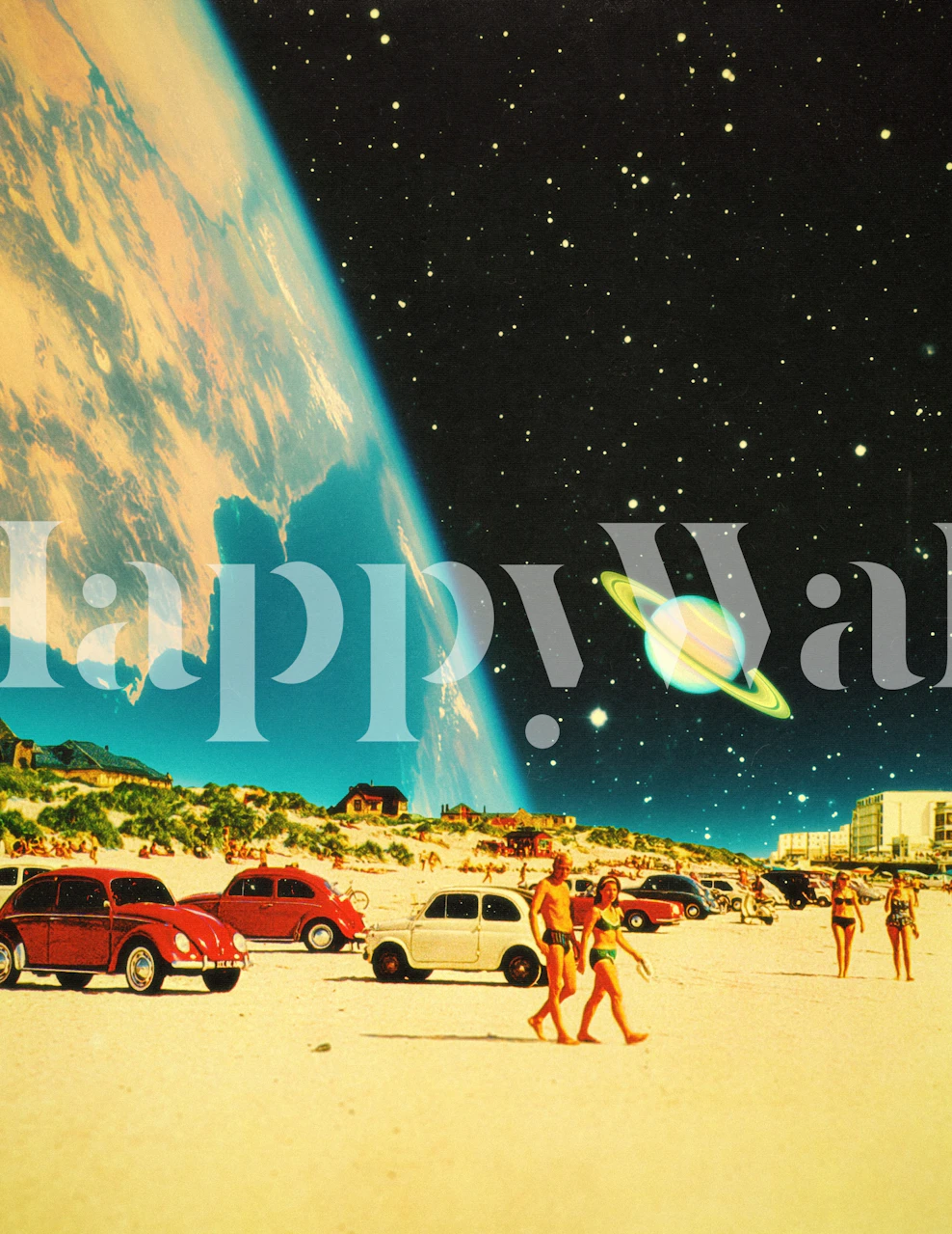 A surreal beach scene with vintage cars, sunbathers, and a cosmic sky with stars and a planet.