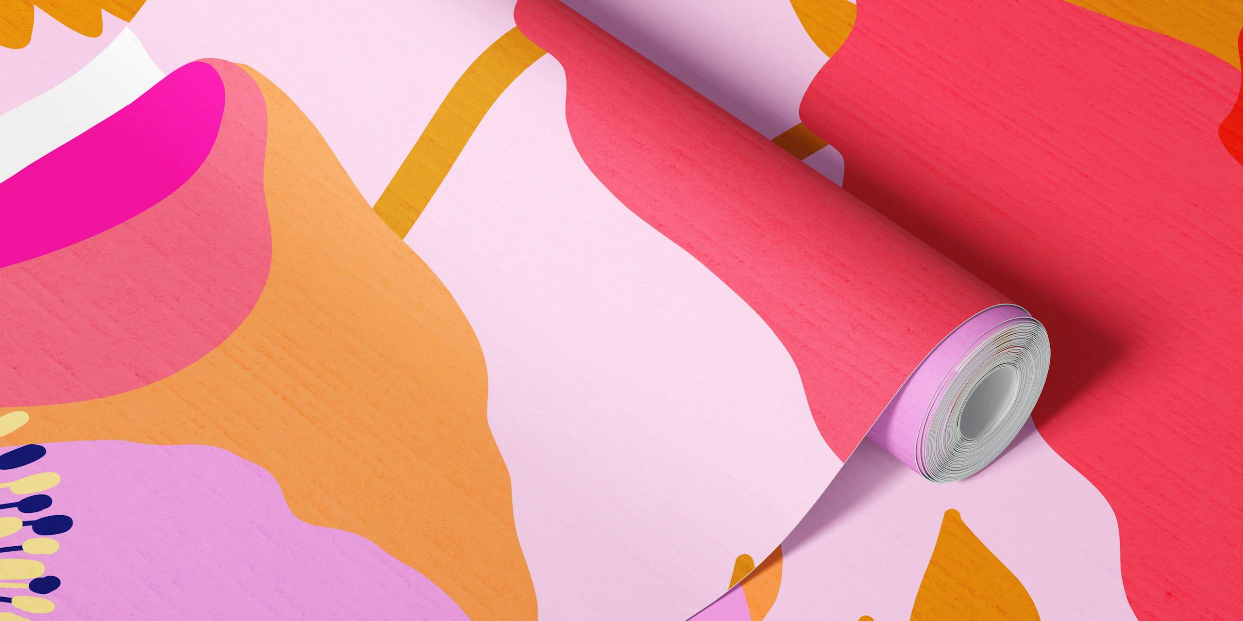 Vibrant pink floral poppy wallpaper with bold flowers and green leaves