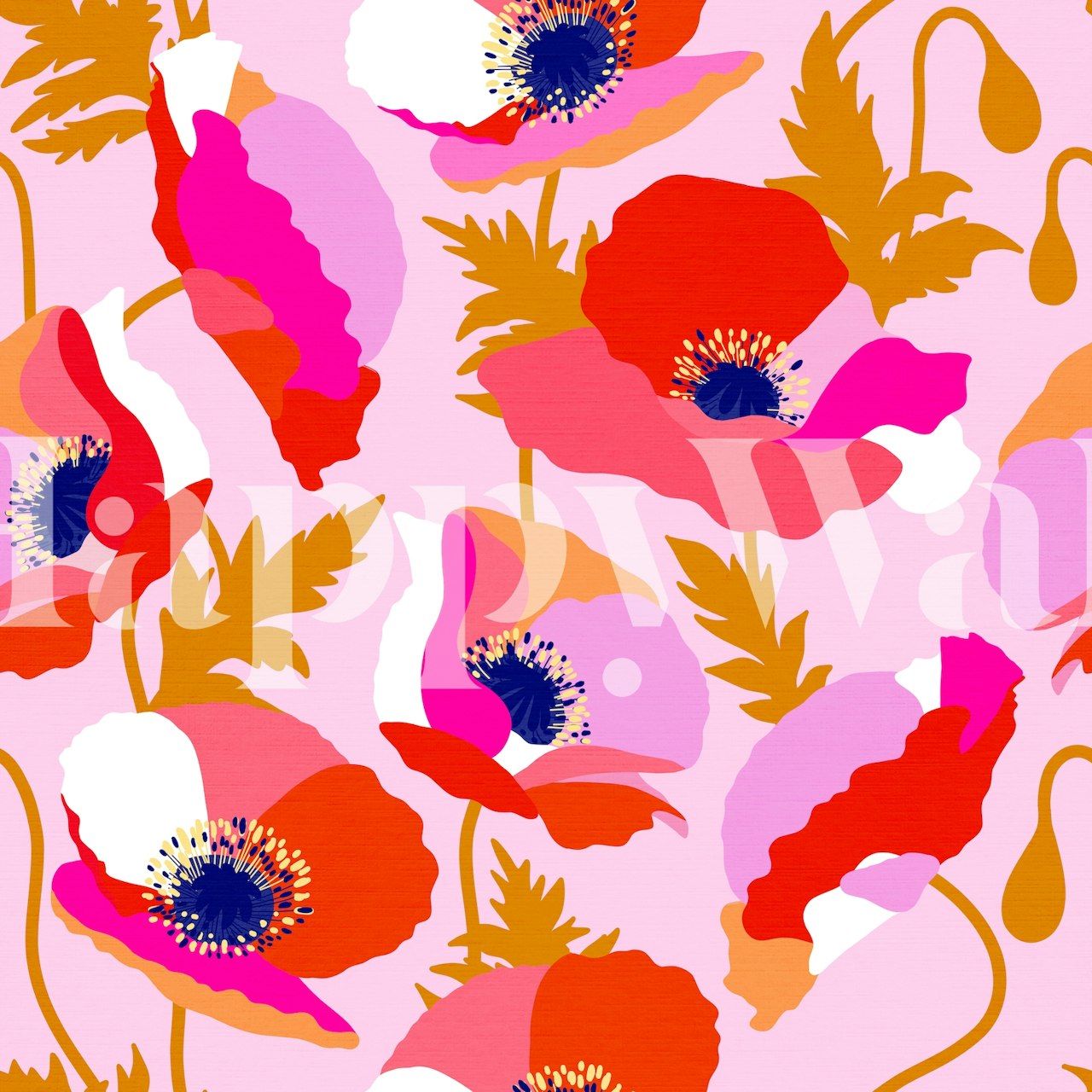 Vibrant pink floral poppy wallpaper with bold flowers and green leaves