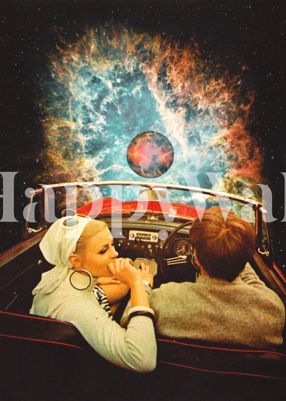 Wallpaper design featuring a cosmic scene in a room