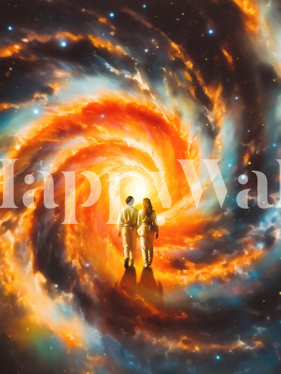A couple holding hands against a vibrant galaxy swirl wall mural