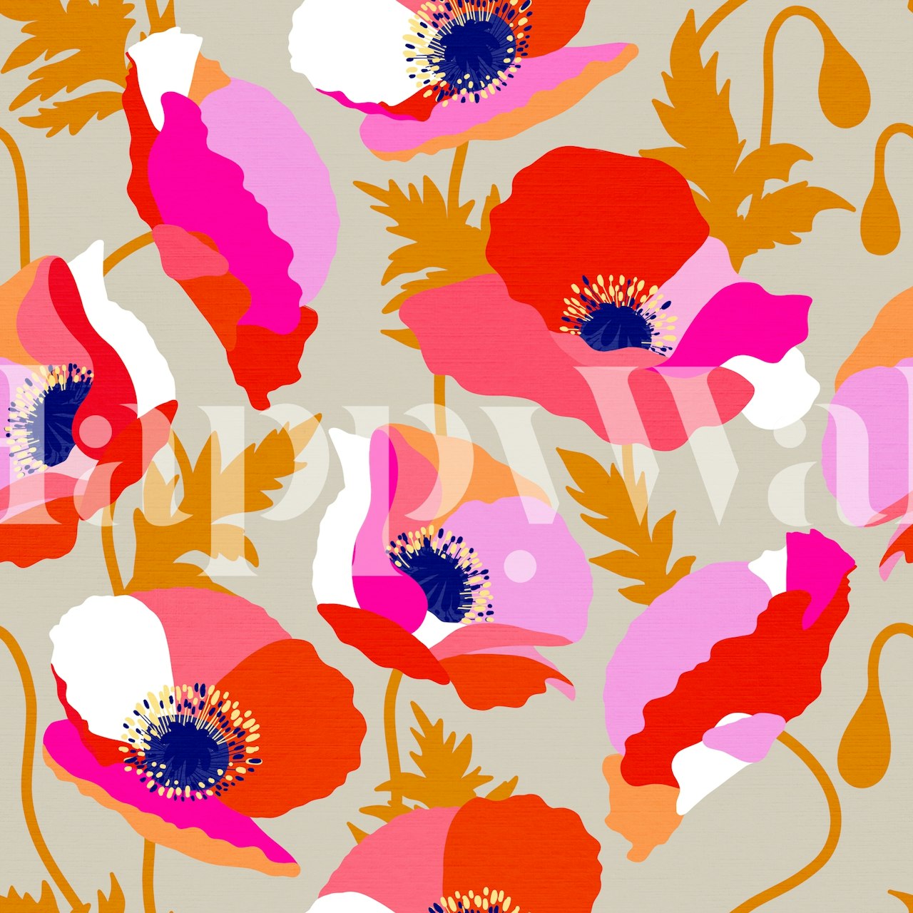 Živahni zidni mural s cvijećem maka na senfu i blijedosmeđoj pozadini