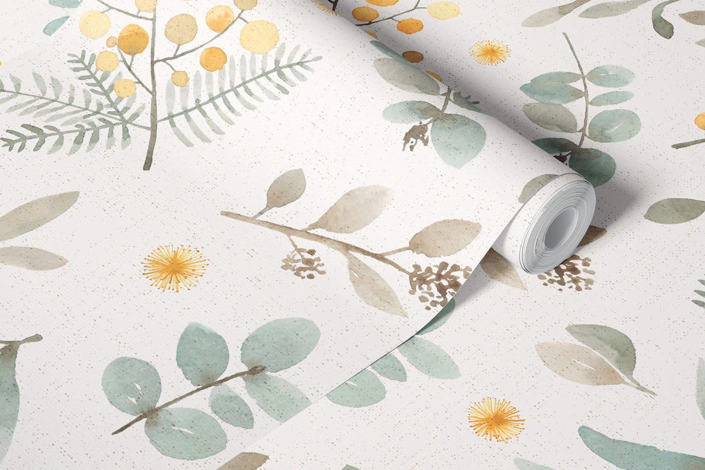 Australian wattle and eucalyptus watercolor floral wallpaper roll