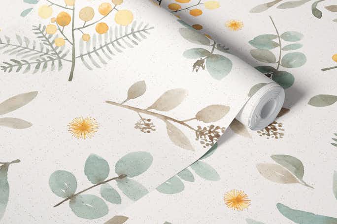 Australian wattle and eucalyptus watercolor floralwallpaper roll