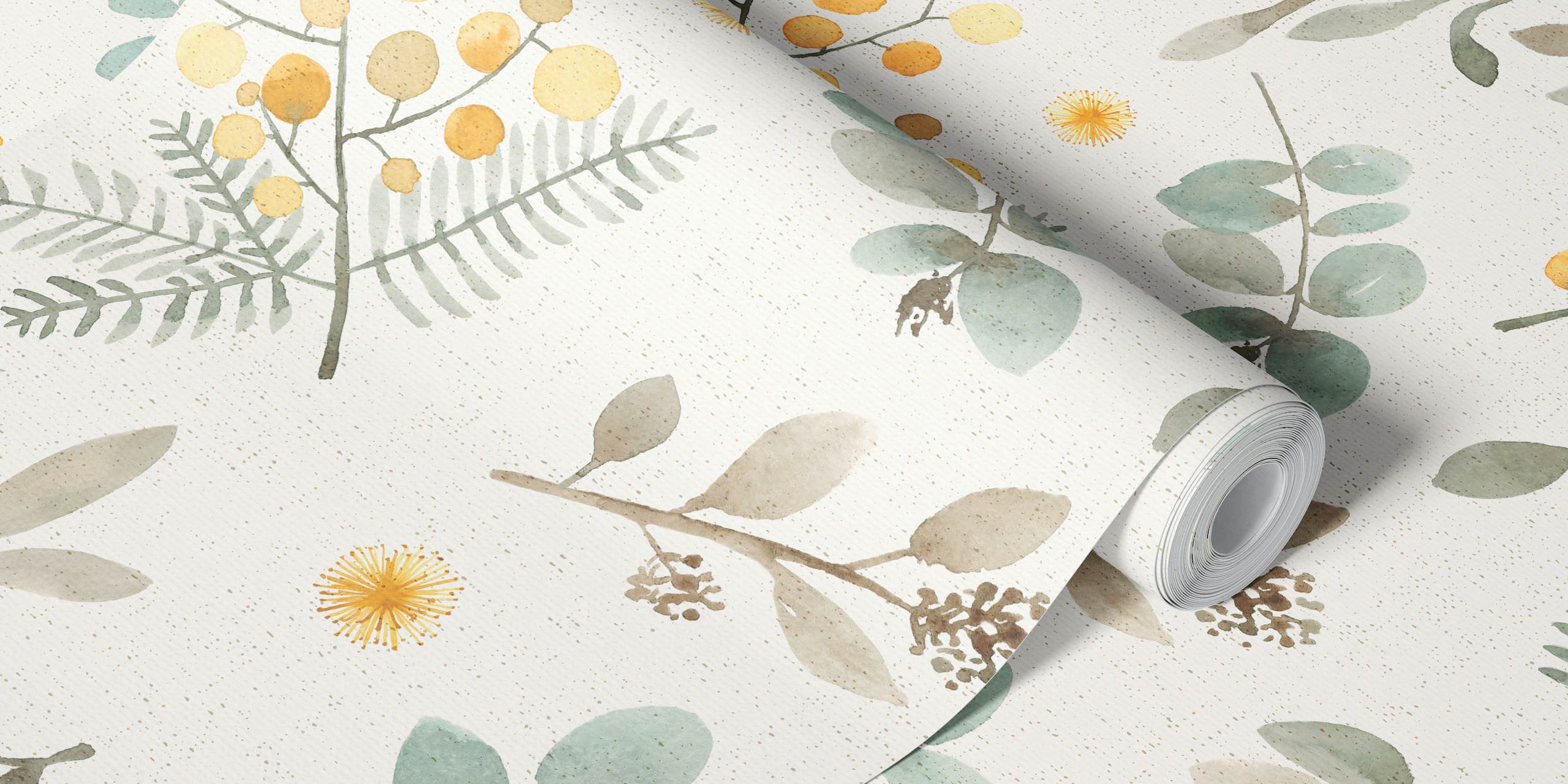 Eucalyptus en gele bloemen met groene bladeren wandbehang