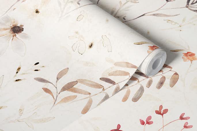 Neutral botanicals watercolor floralwallpaper roll