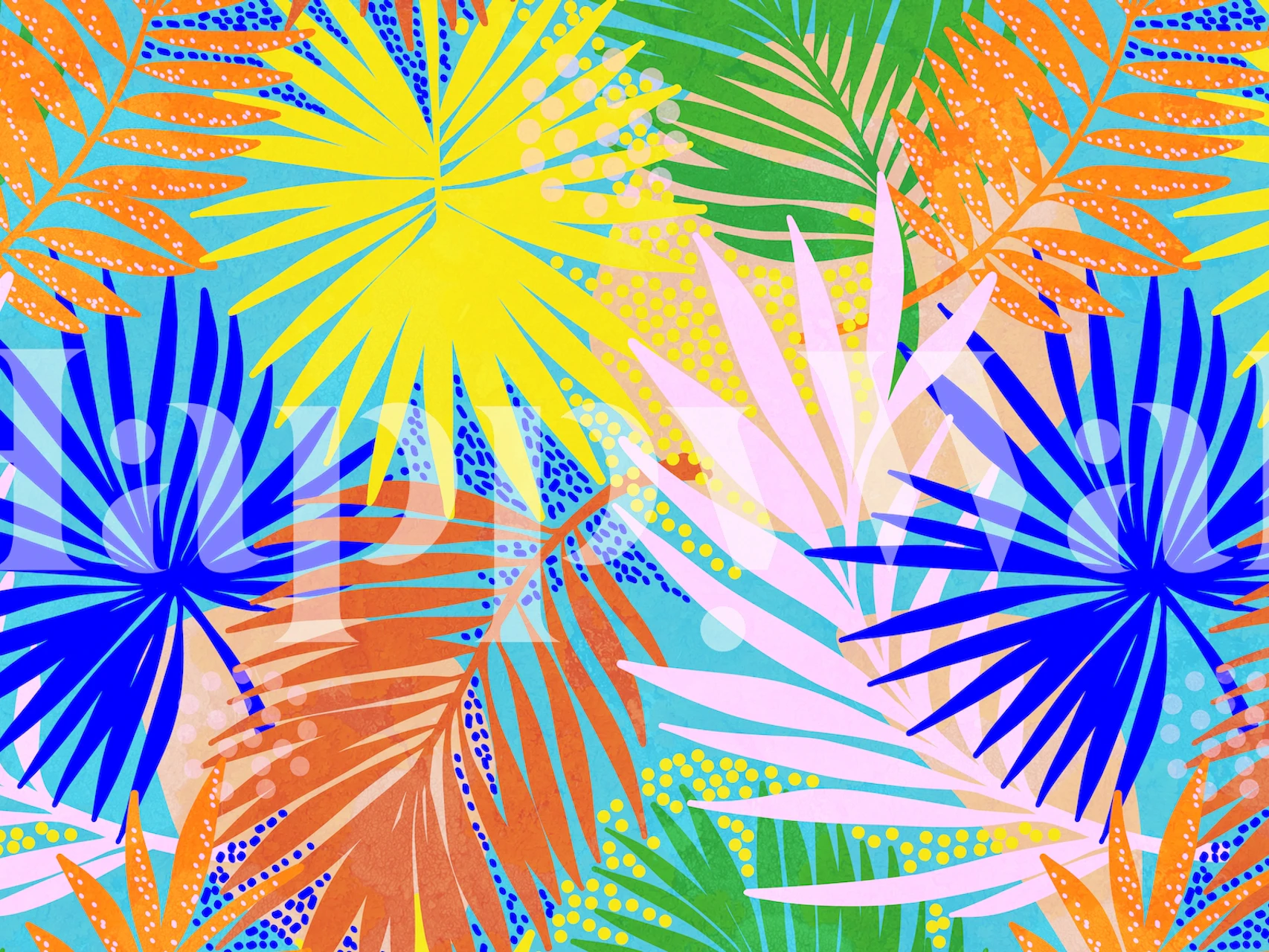 Colorful tropical leaf pattern in blue, yellow, green, and orange wallpaper