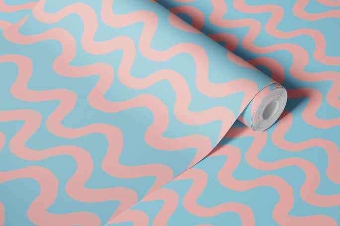 Boho Mid Mod Wiggly Lines Blue-Pinkwallpaper roll