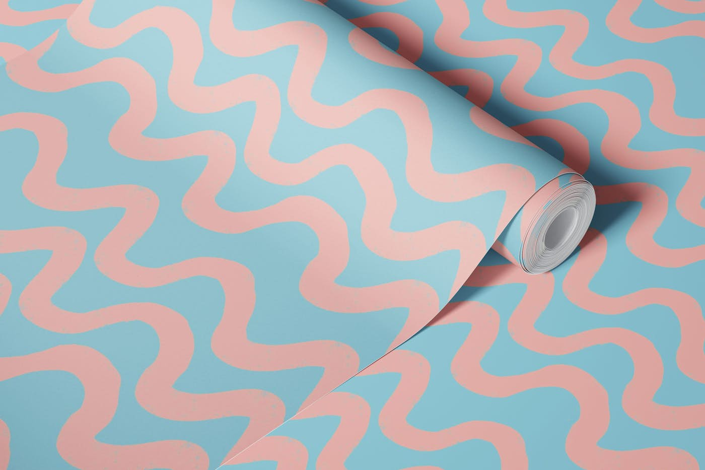 Boho Mid Mod Wiggly Lines Blue-Pink wallpaper roll