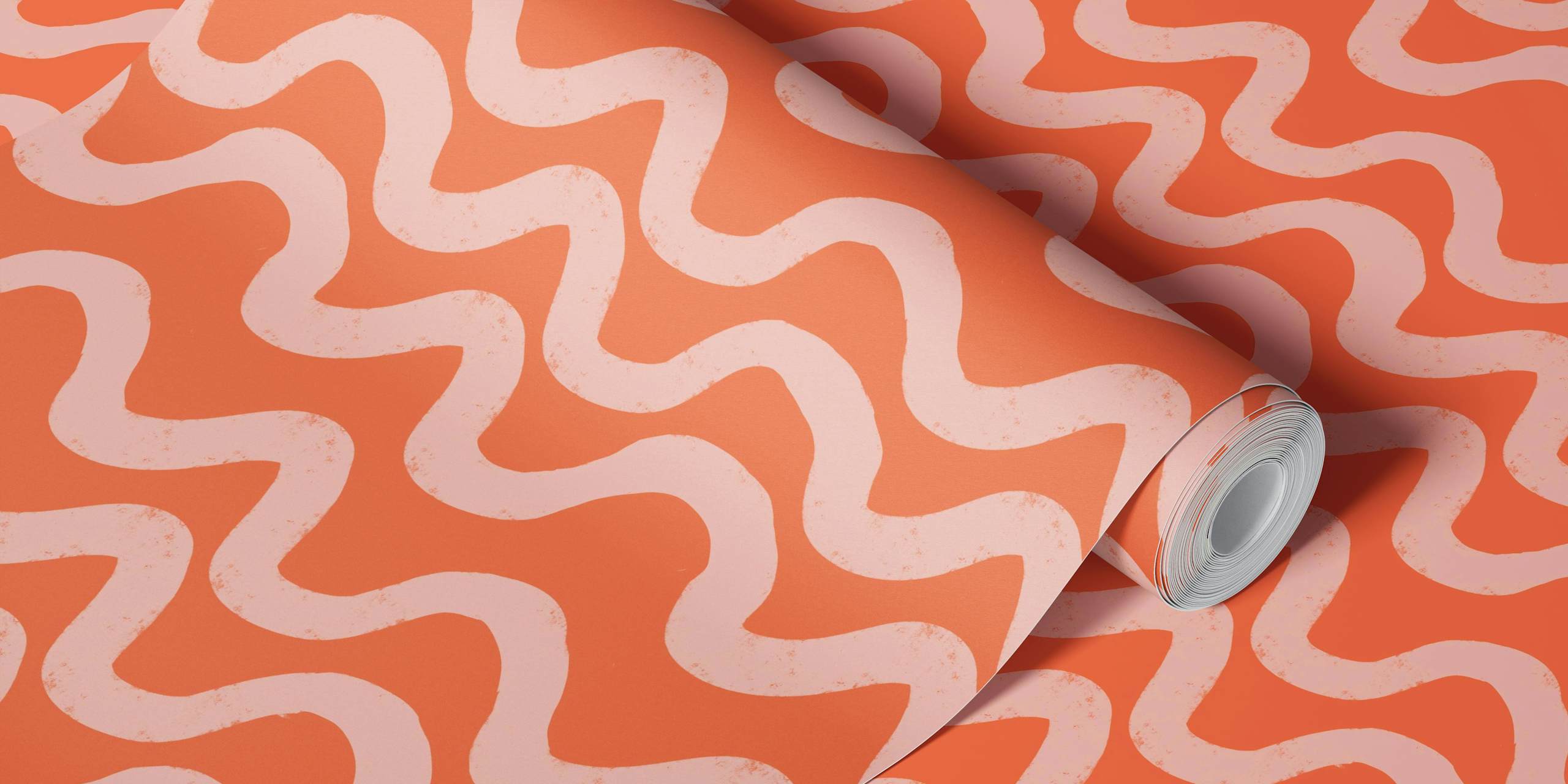 Boho Mid Mod Wiggly Lines Coral-Pink wallpaper in a room