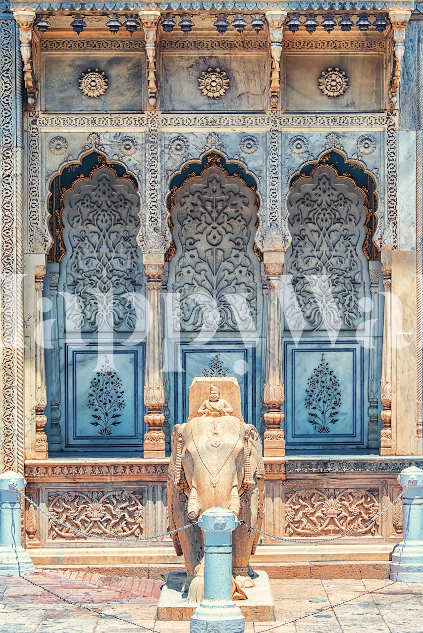 Intricate stone architectural wallpaper in blue and beige tones