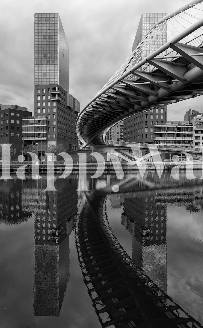 Černobílá fototapeta s moderní architekturou se dvěma věžovitými budovami a mostem s odlesky vody