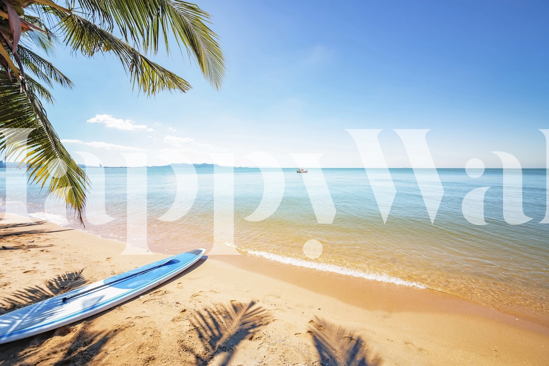 Beach scenery wallpaper in a room