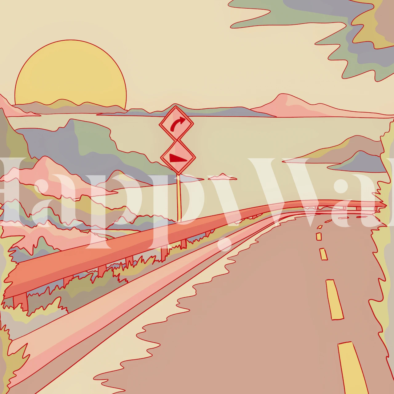 Scenic road with sunset and mountains in soft pastel colors wallpaper