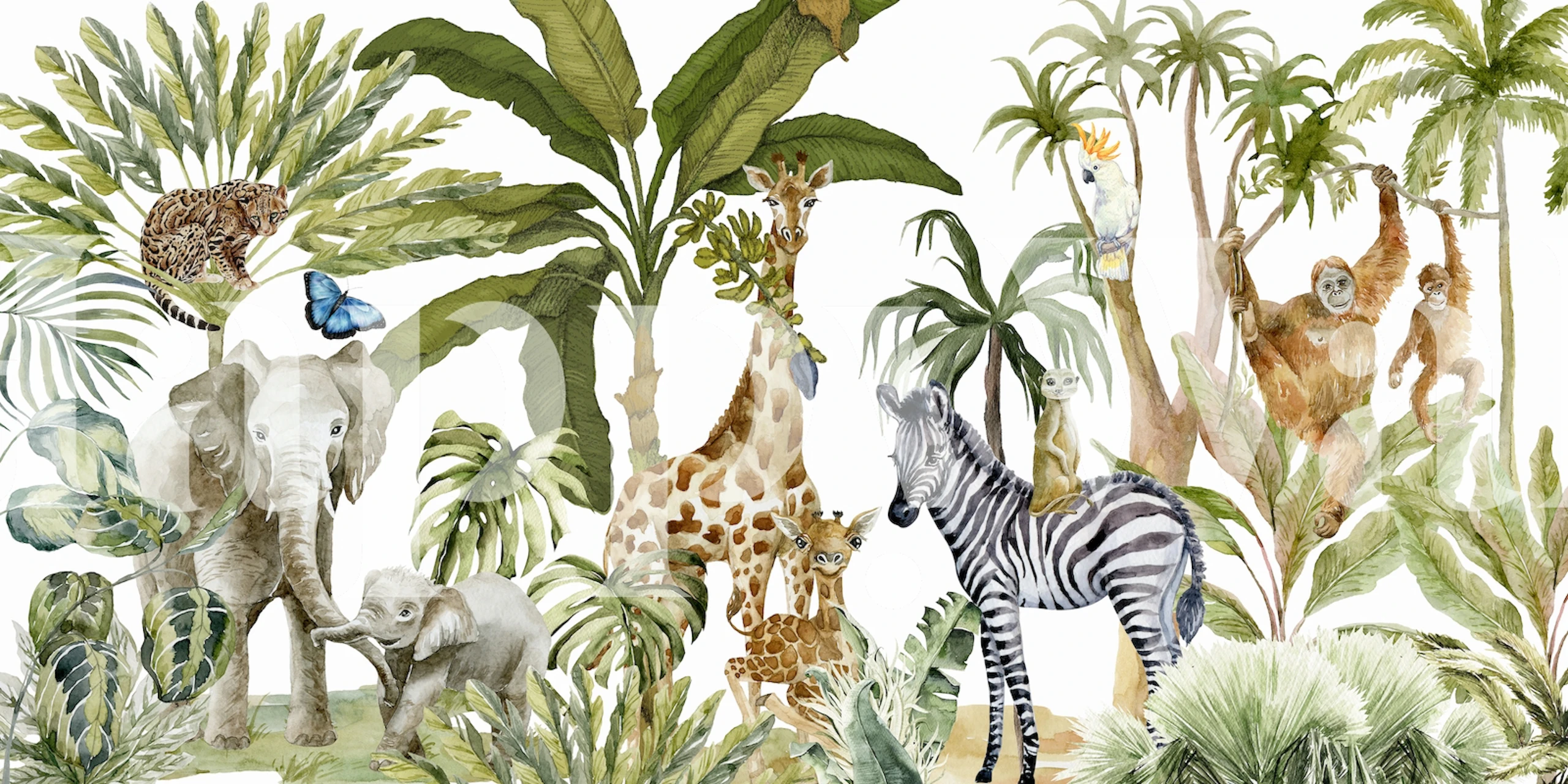 Tropical safari jungle wallpaper featuring animals like elephants, giraffes, and monkeys with lush green foliage in watercolor style.