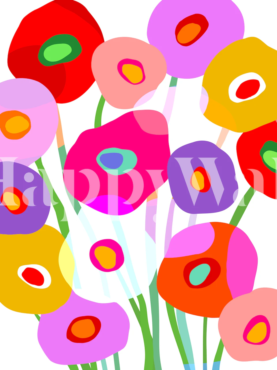 Colorful flowers in pinks, reds, and purples on white wallpaper