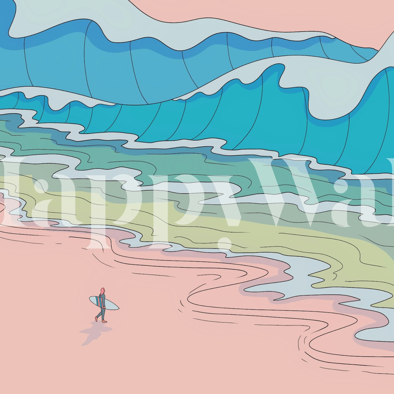 Illustration of ocean waves and beach surfer in pastel colors wallpaper
