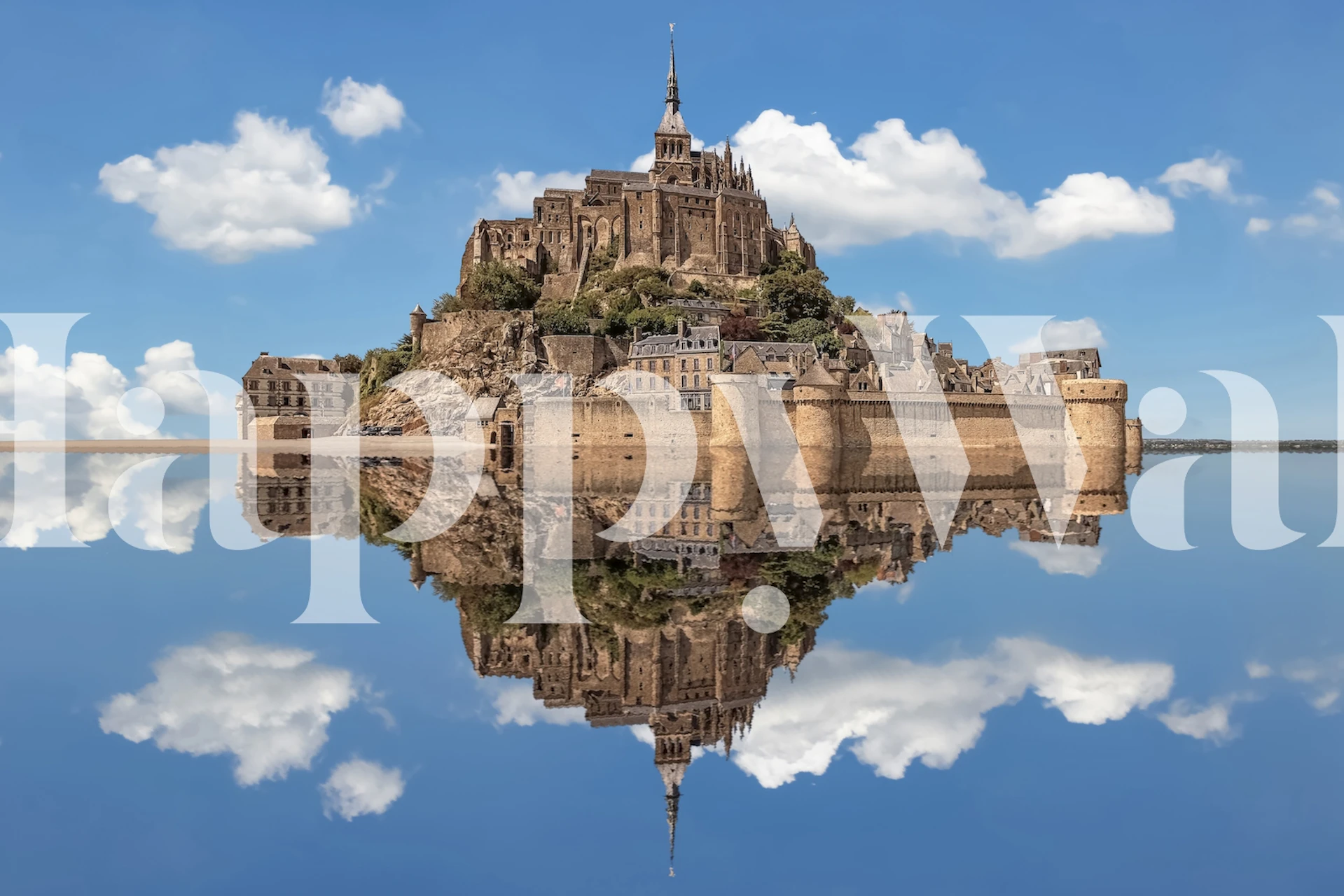 Scenic Mont Saint Michel landscape wallpaper with reflections, blue skies and clouds