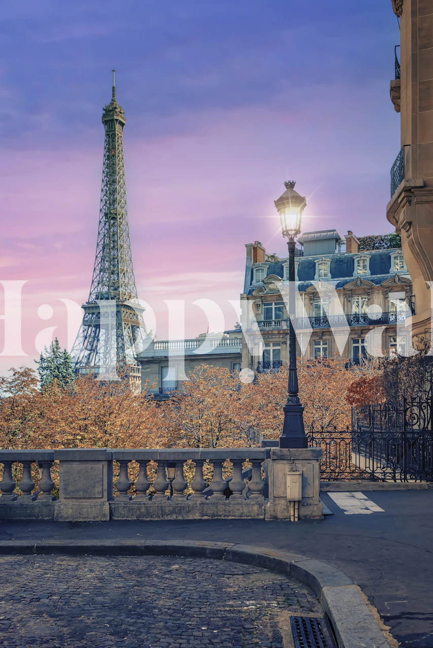 Eiffel Tower evening skyline with purple sky and buildings wallpaper