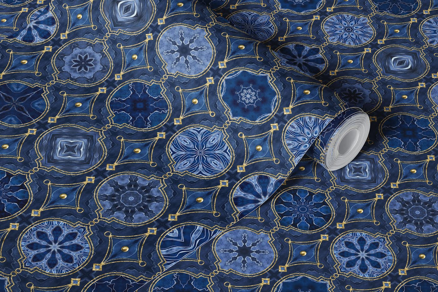 Treasures of Morocco Oriental Tiles Blue Gold wallpaper roll