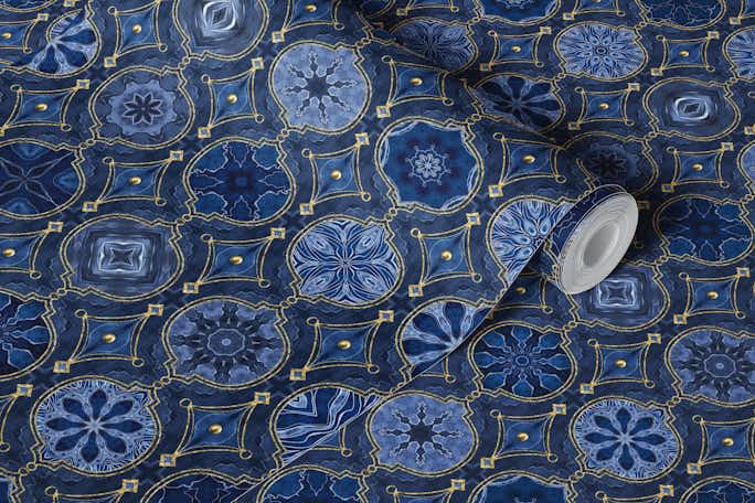 Treasures of Morocco Oriental Tiles Blue Goldwallpaper roll