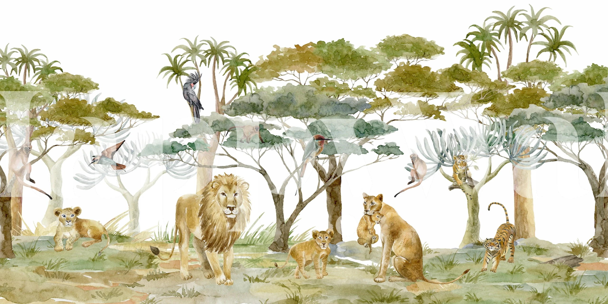 Watercolor jungle scene with lions, cubs, and tropical trees wallpaper