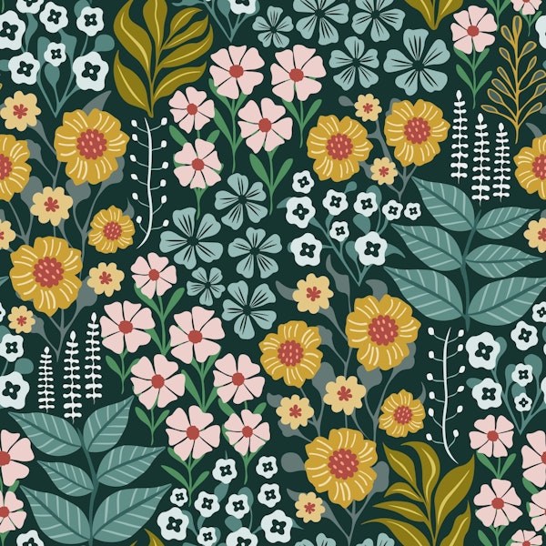 Midnight Botanical Floral Garden Dark Green