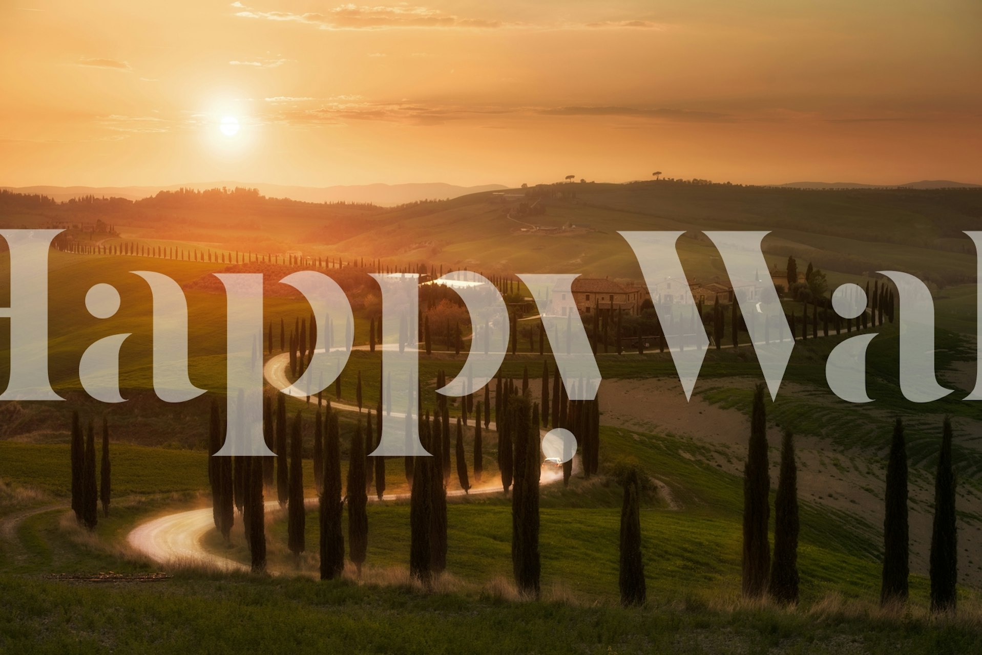 Tuscan landscape with cypress trees and sunset hues wallpaper