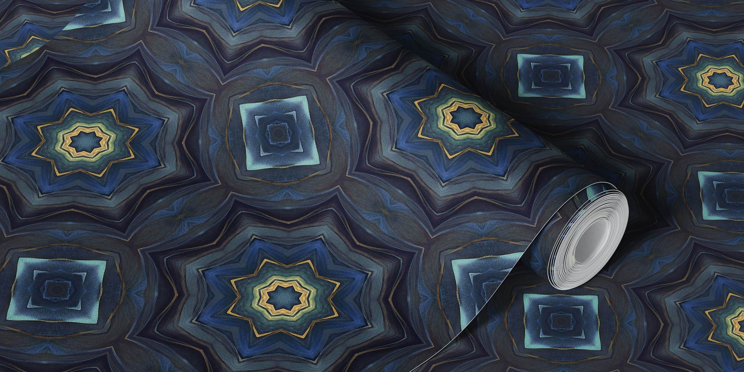 Artisanal Mediterranean Tile Blue Gold wall mural with intricate patterns