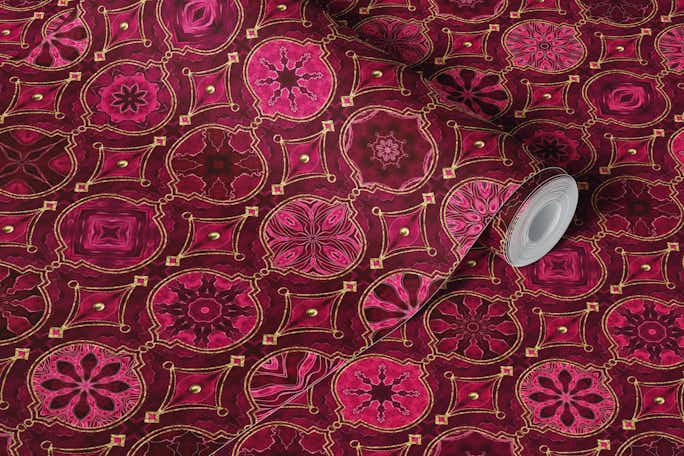 Treasures of Morocco Oriental Tile Design Burgundy Pink Goldwallpaper roll