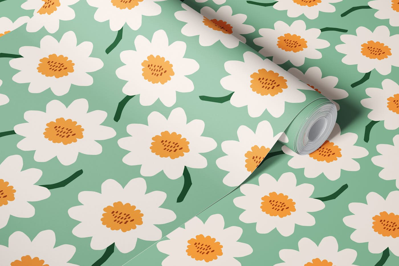 Flower Field Pattern - mint orange wallpaper roll