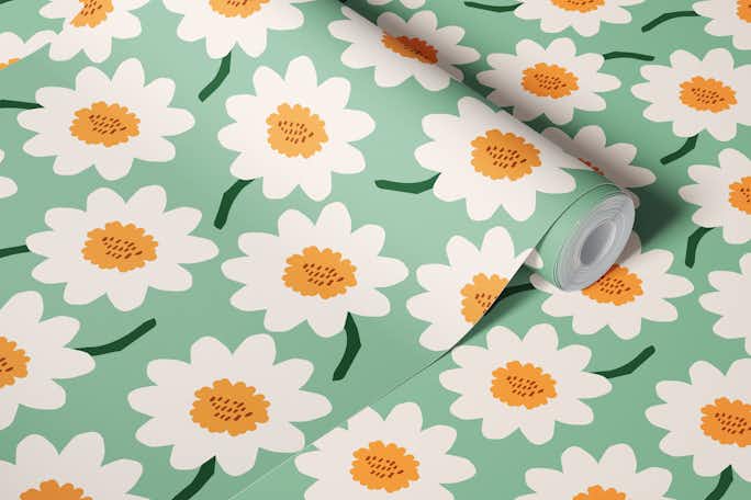 Flower Field Pattern - mint orangewallpaper roll