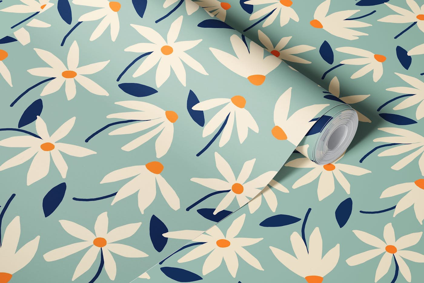 Drifting Daisies Pattern - blue orange wallpaper roll