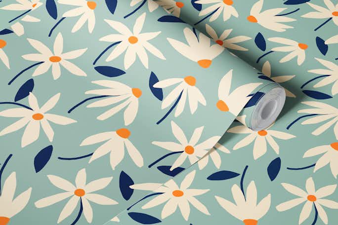 Drifting Daisies Pattern - blue orangewallpaper roll