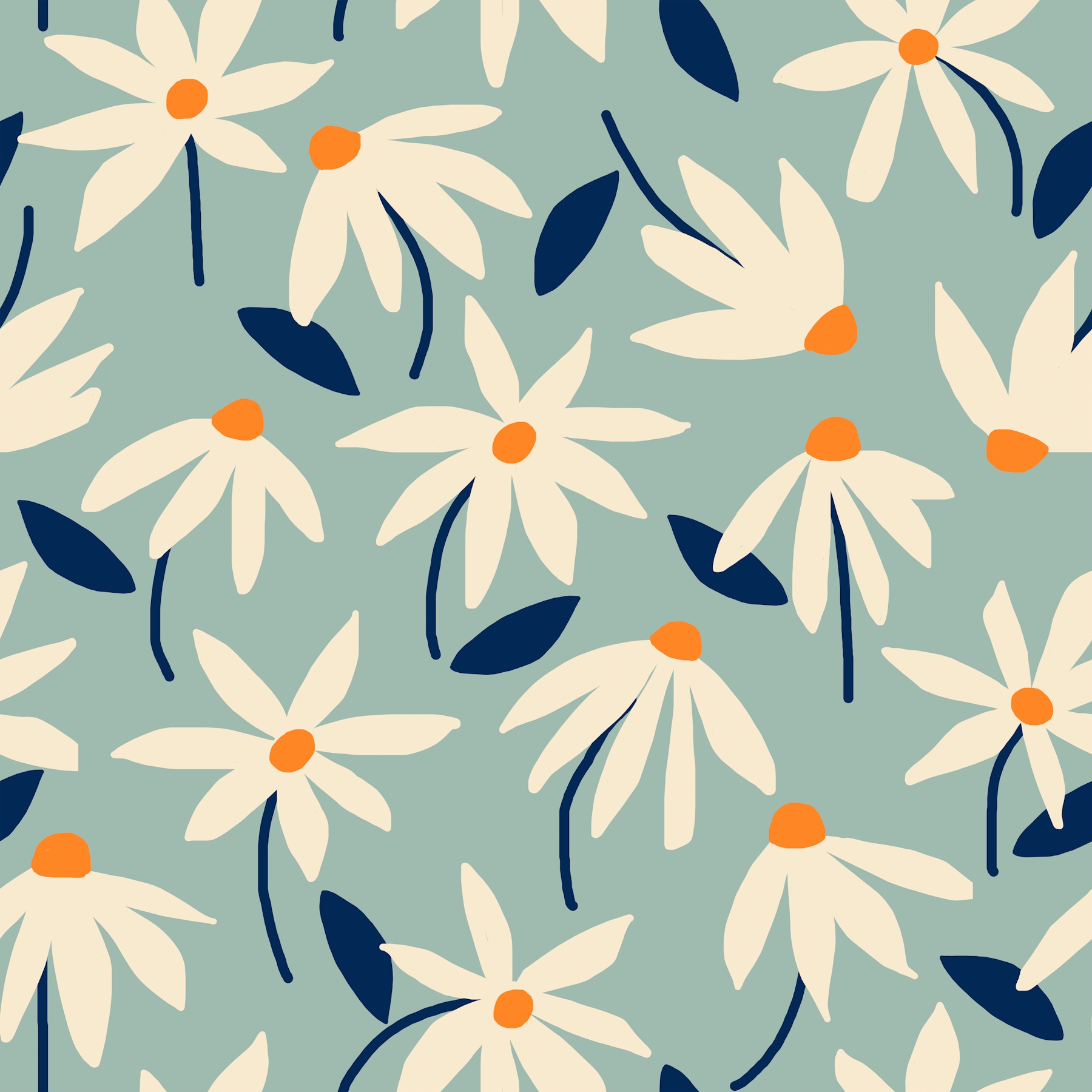 Drifting Daisies Pattern - Blue Orange Wallpaper - Free Shipping 