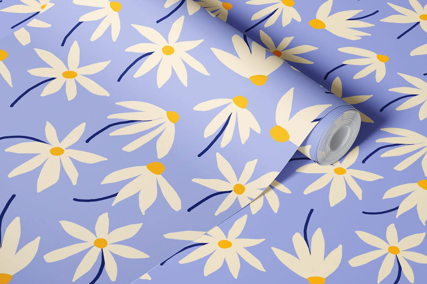 Drifting Daisies Pattern #2 - periwinkle yellow wallpaper roll