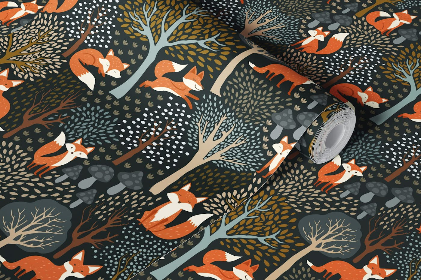 Cute Woodland Foxes Dark Jungle Green wallpaper roll