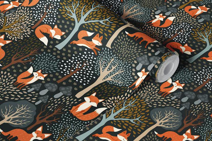 Cute Woodland Foxes Dark Jungle Greenwallpaper roll