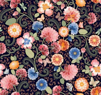 French florals dark blue bckg behang