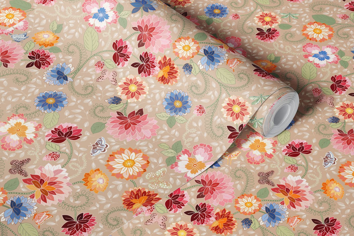 French florals tan bckg wallpaper roll