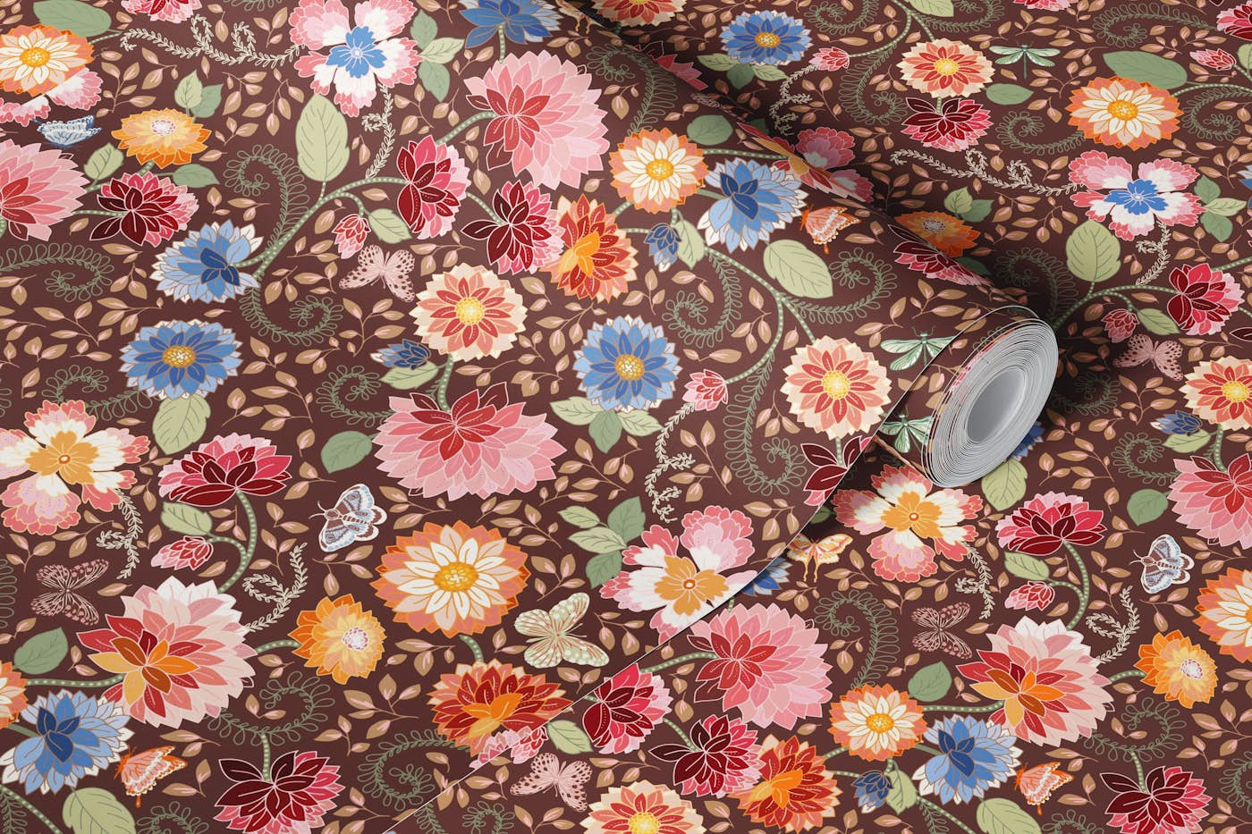 French florals pecan bckg wallpaper roll