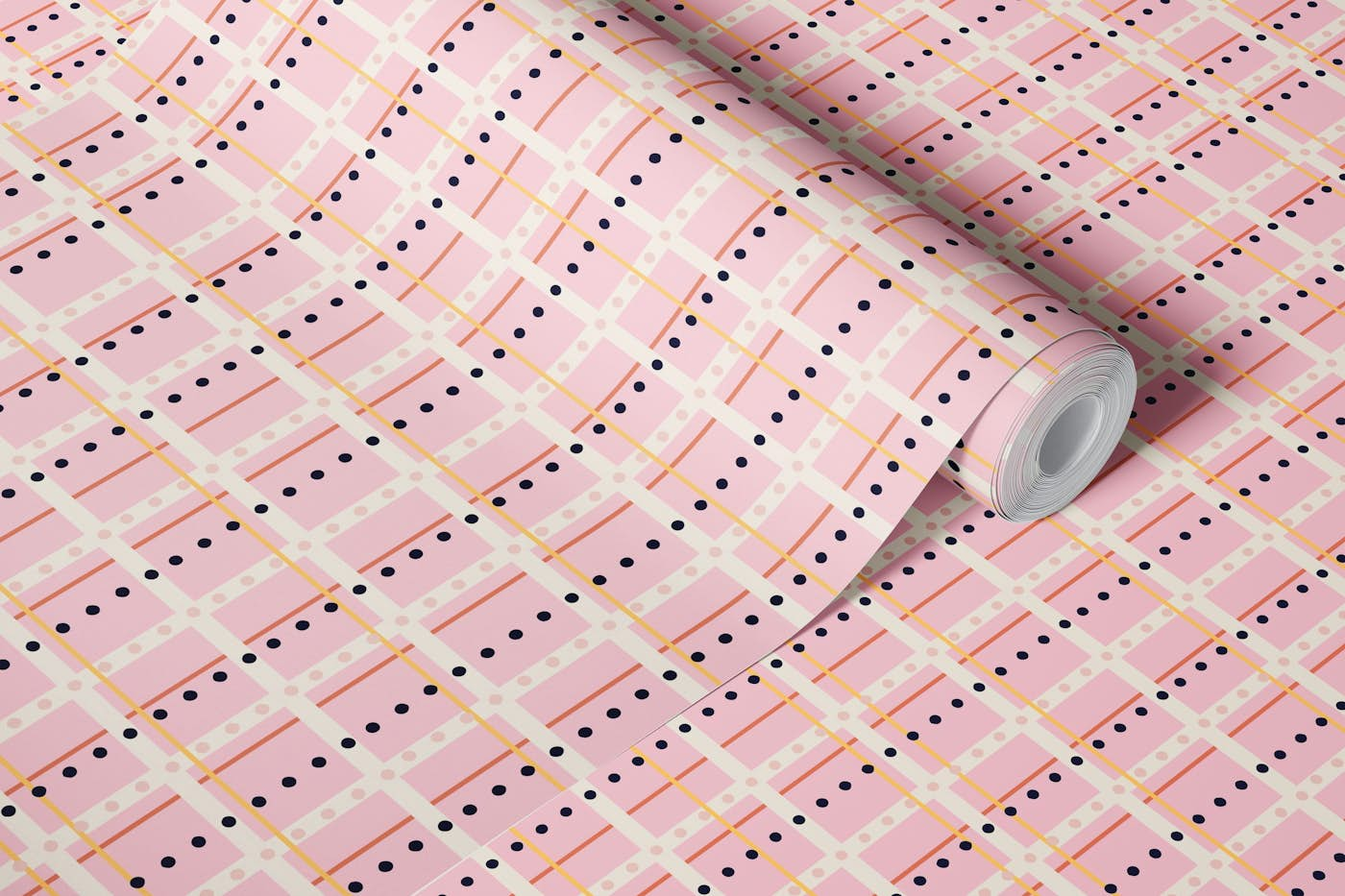 French dotted checks pink wallpaper roll