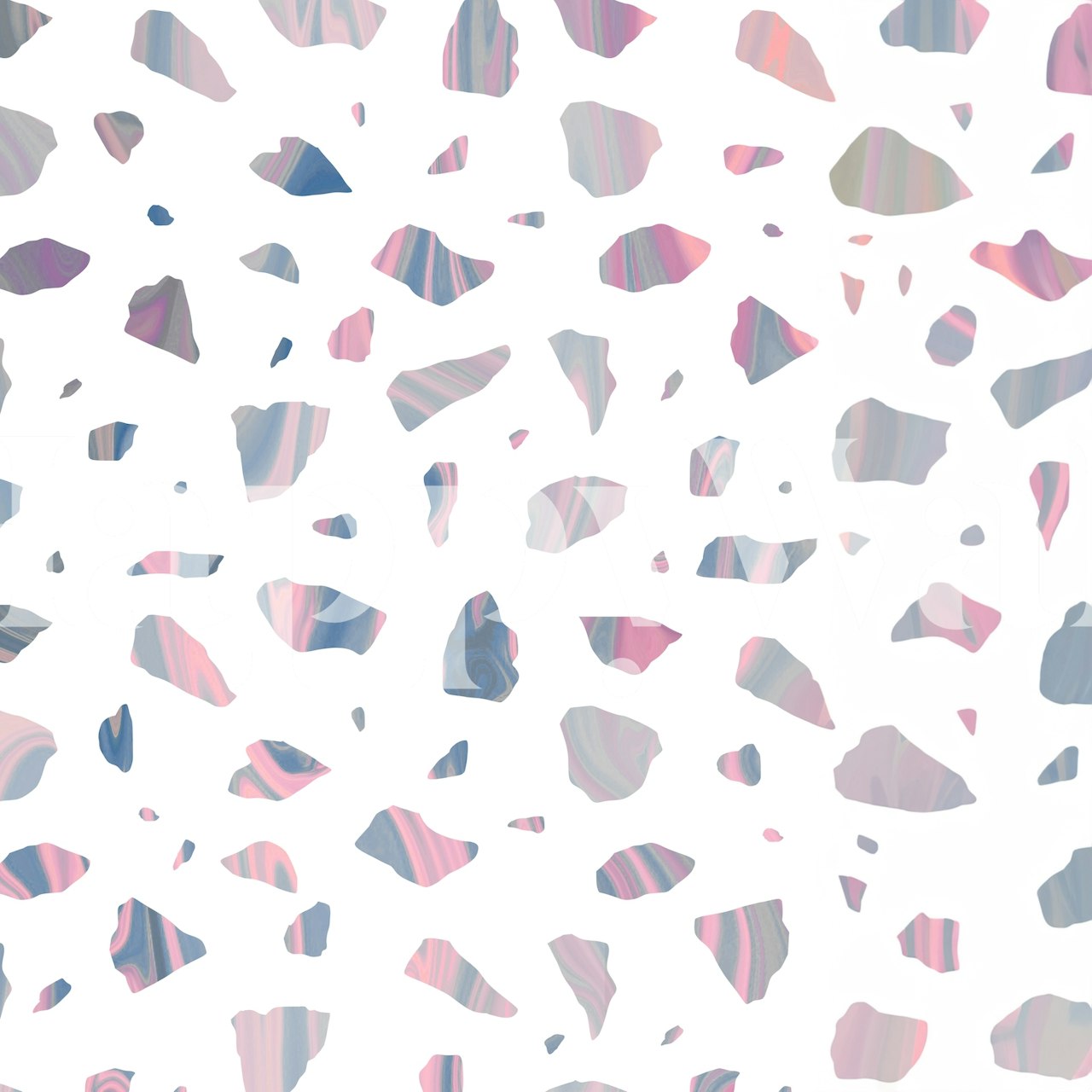 Abstrakt terrazzo mønster veggmaleri med rosa, blå og grå fragmenter på en hvit bakgrunn