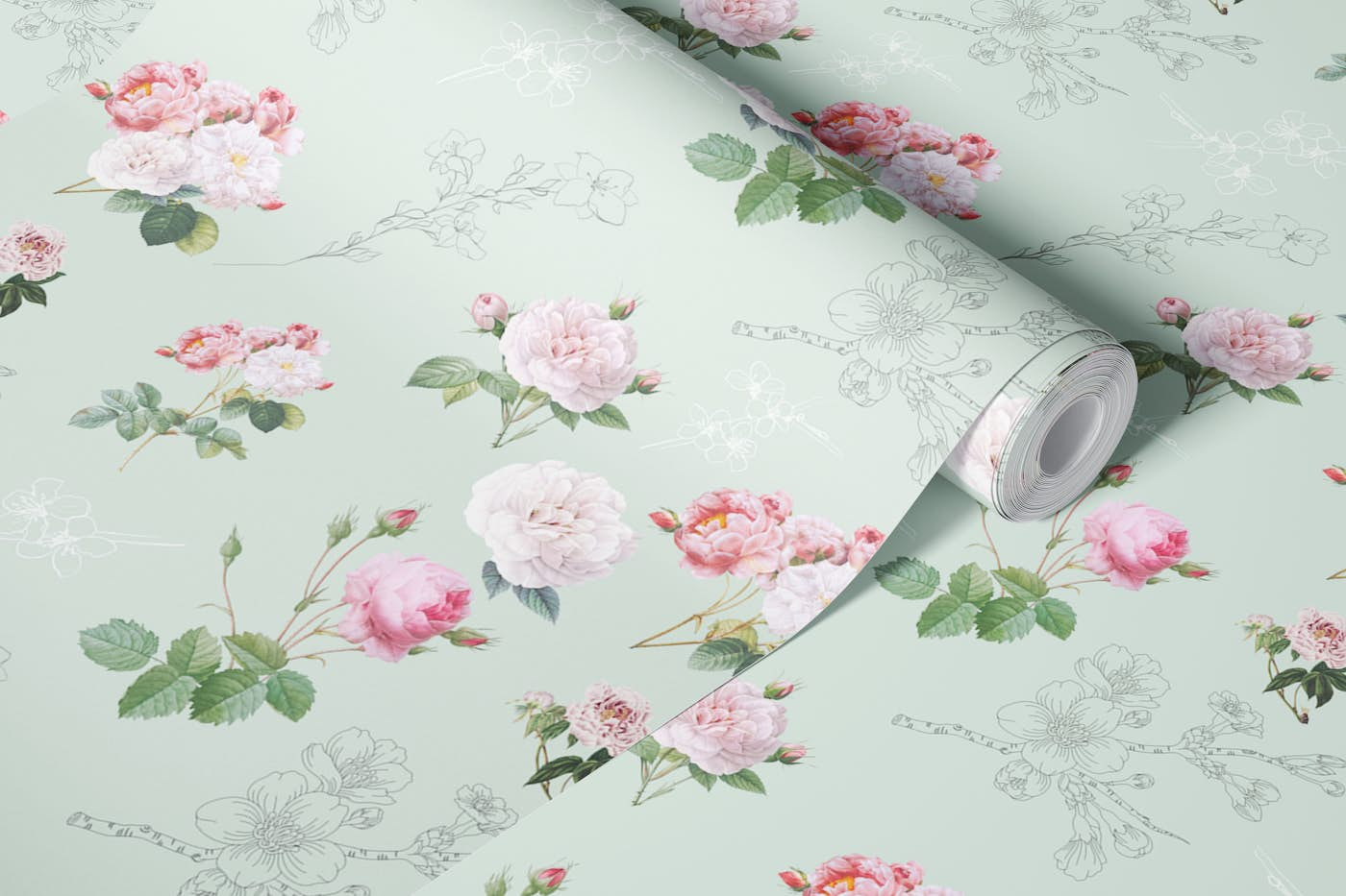 PASTEL ROSES MINT wallpaper roll