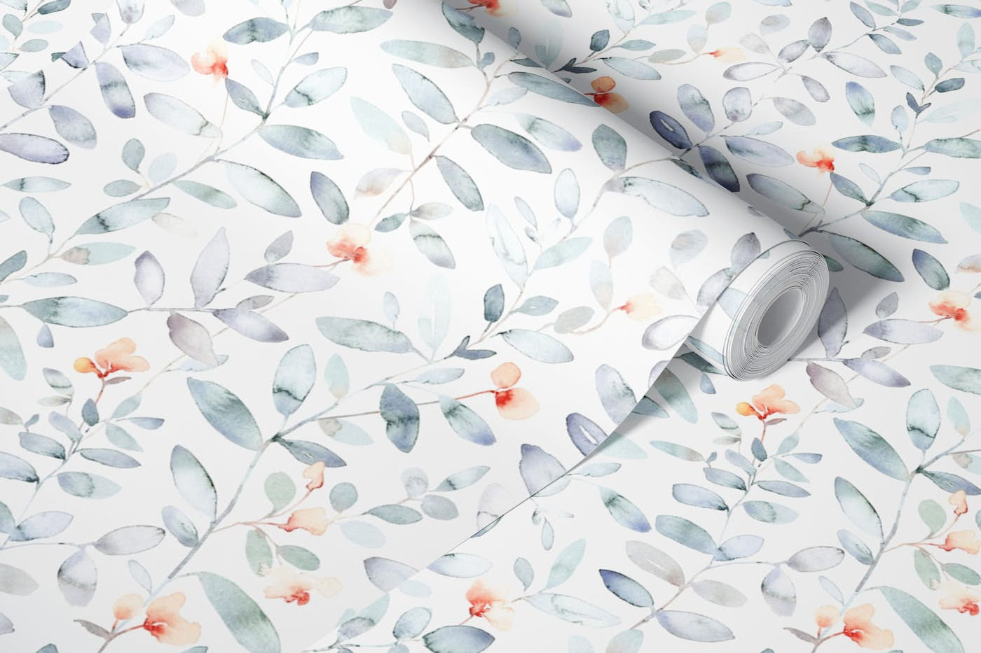 Soothing leaves watercolor floral soft blue wallpaper roll